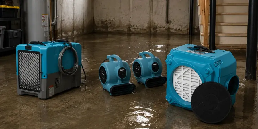 A restoration crew setting up drying equipment in an Arlington, TX home