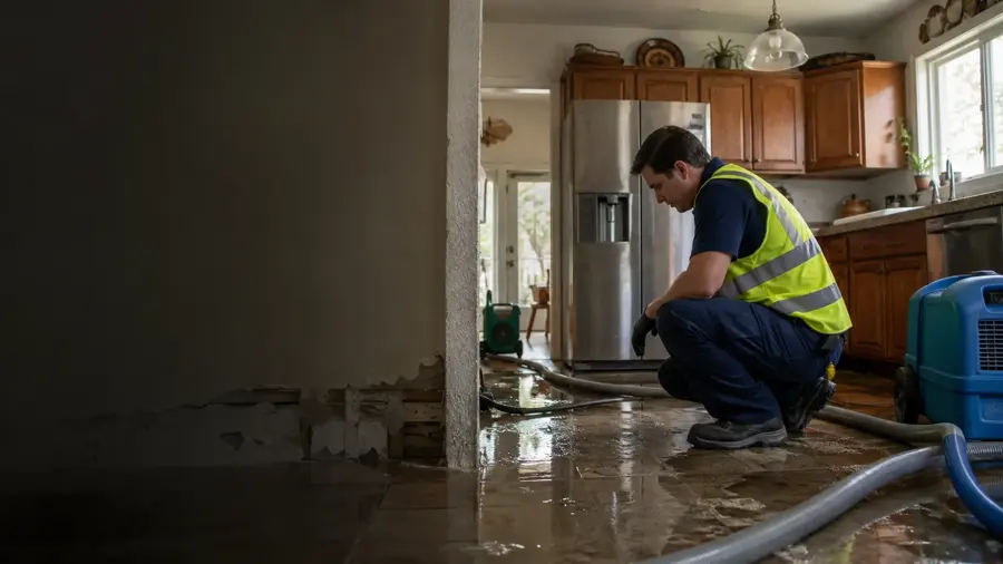 An appliance supply line leak being dried in an Arlington, TX kitchen
