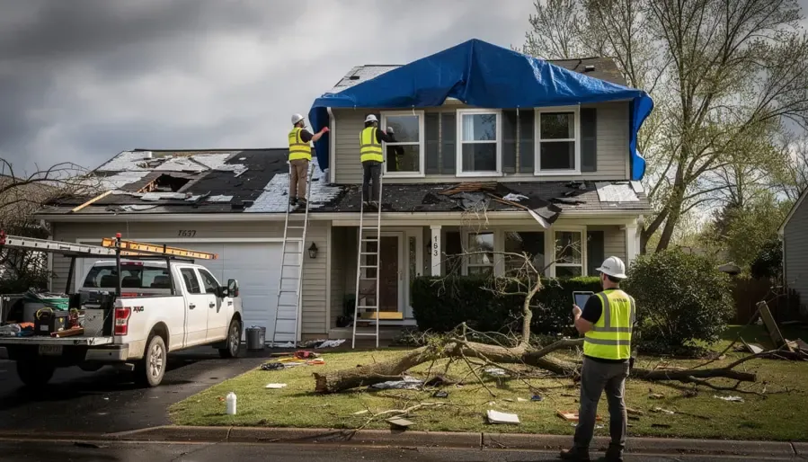 Storm and hail roof damage on an Arlington, TX home with a crew and tarp